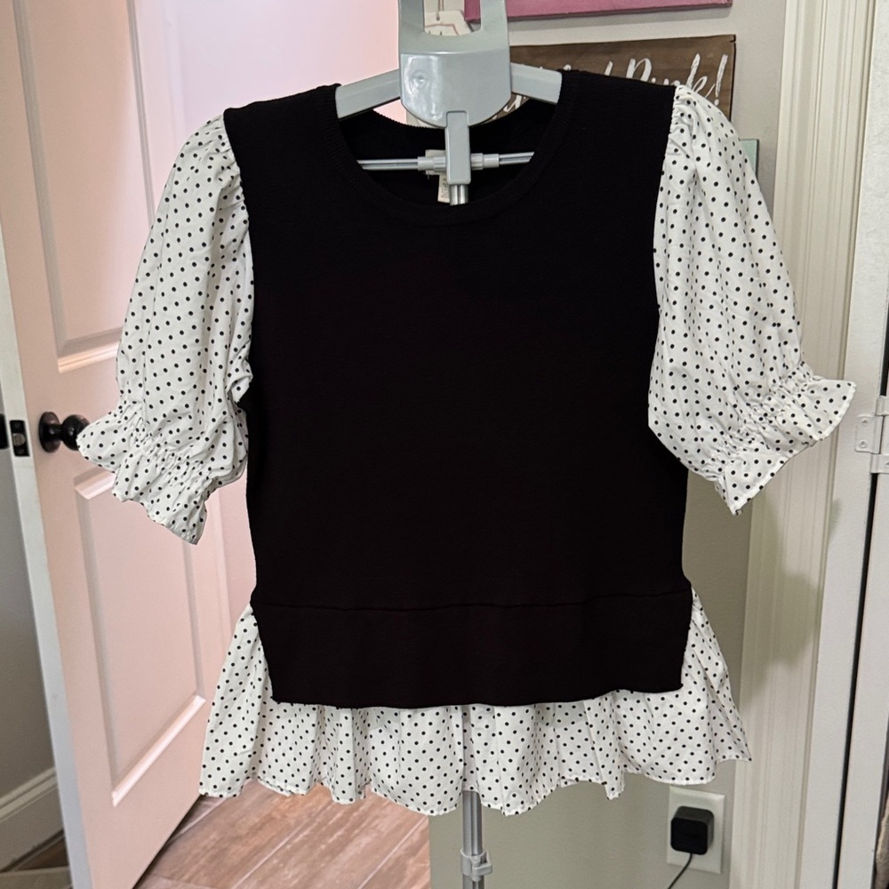 Greige Black Top with White Polka Dot Ruffle Sleeves